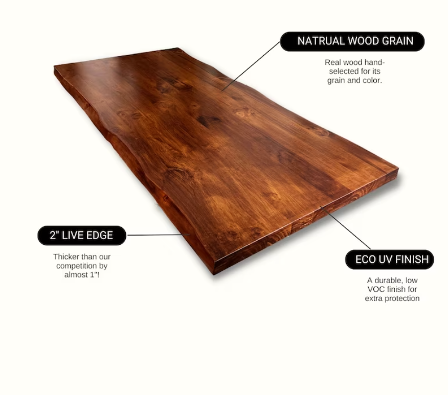 2" Thick Live Edge Wood Table Top - Walnut Color, Solid Wood